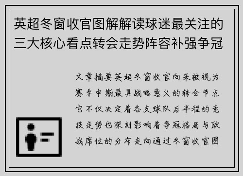 英超冬窗收官图解解读球迷最关注的三大核心看点转会走势阵容补强争冠